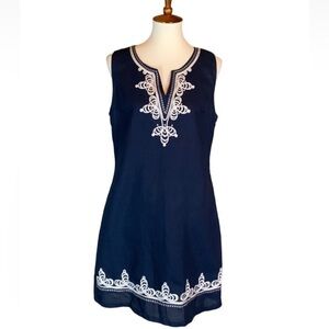 Charlie Paige navy blue linen blend shift dress with satouche / embroidery Med.